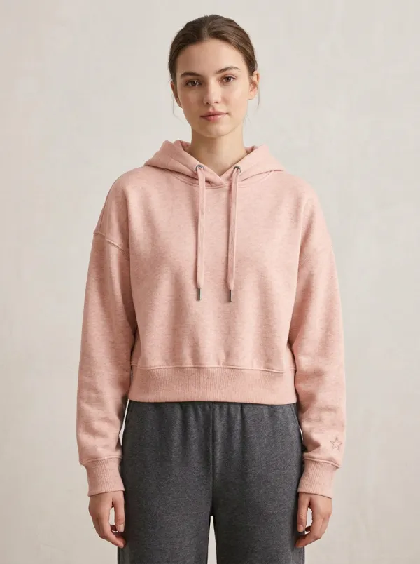 Women's Minimalist Beige Star Embroidered Cropped Hoodie