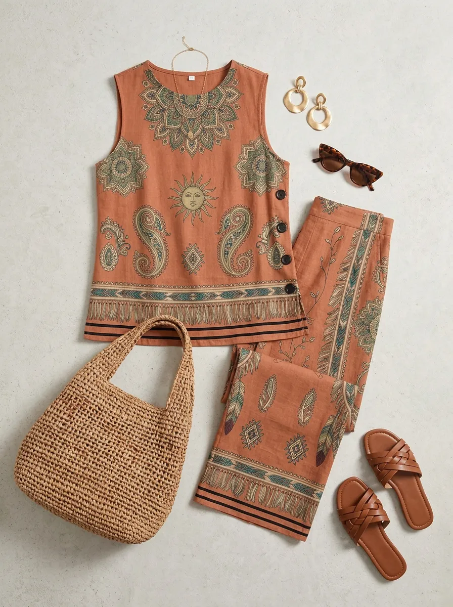 Women's Bohemian Sun Paisley Printed Sleeveless Set