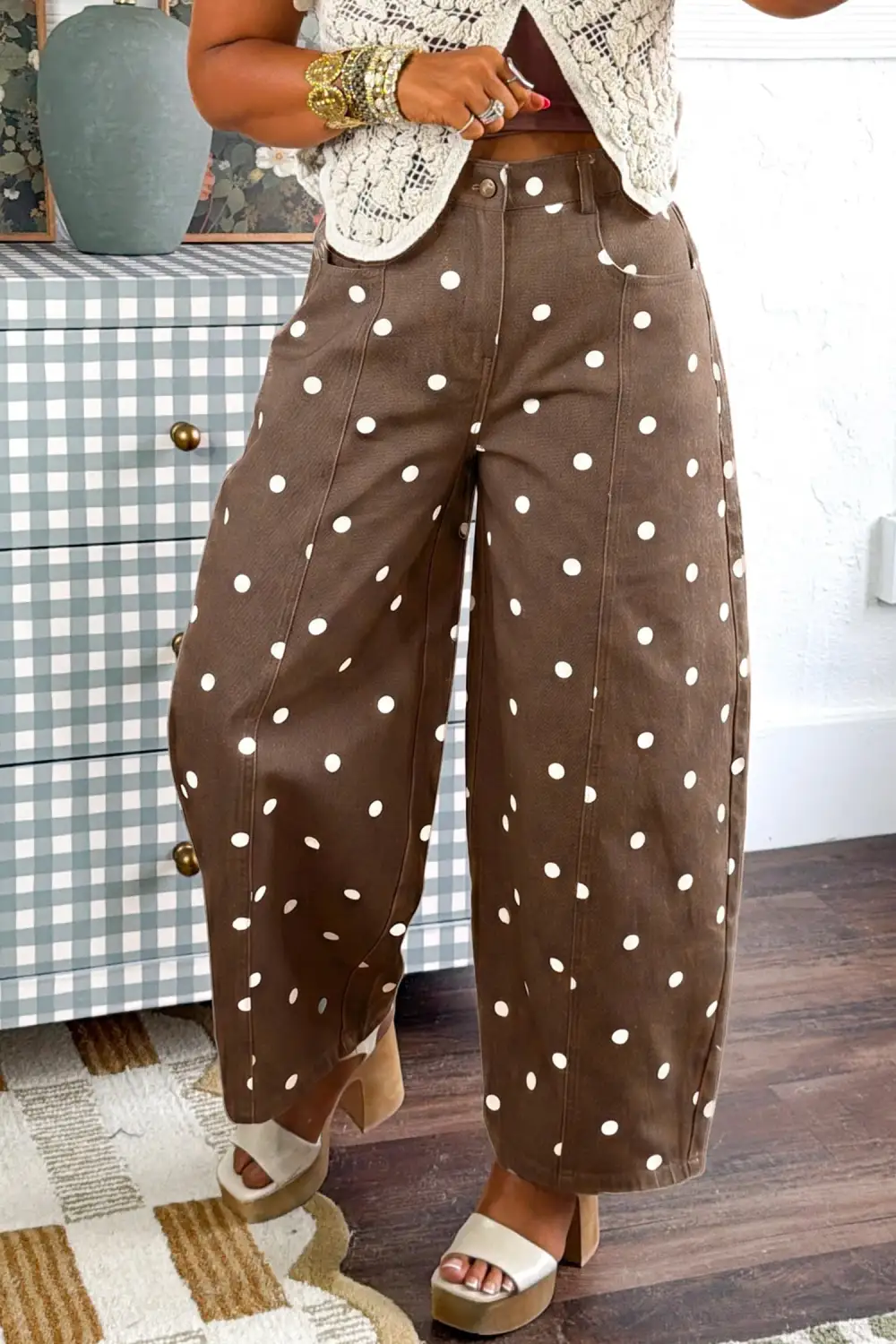 Polka Dot Relaxed Fit Barrel Leg Cropped Casual Jeans