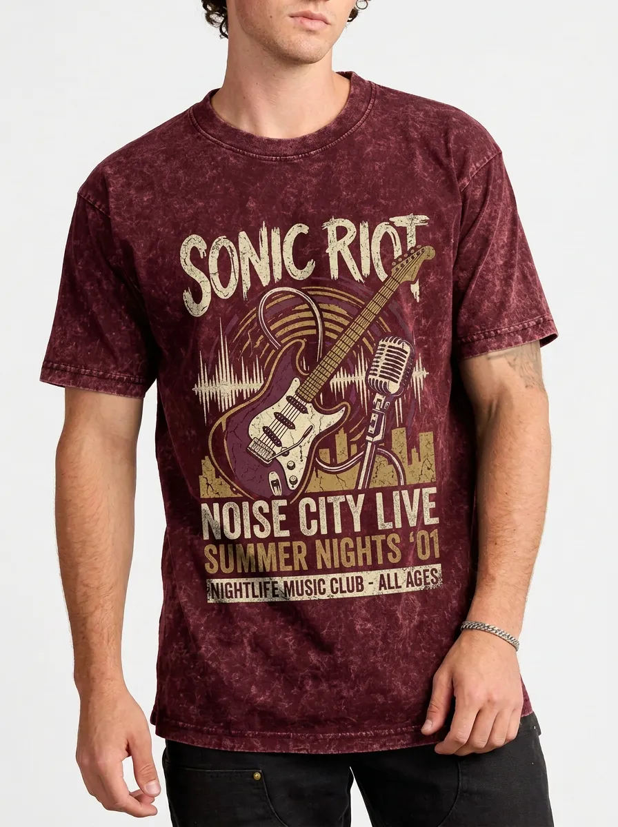 Men's Rock Music Lover Sonic Riot Guitar Microphone Printed T-shirt