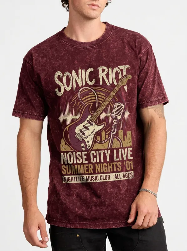Men's Rock Music Lover Sonic Riot Guitar Microphone Printed T-shirt