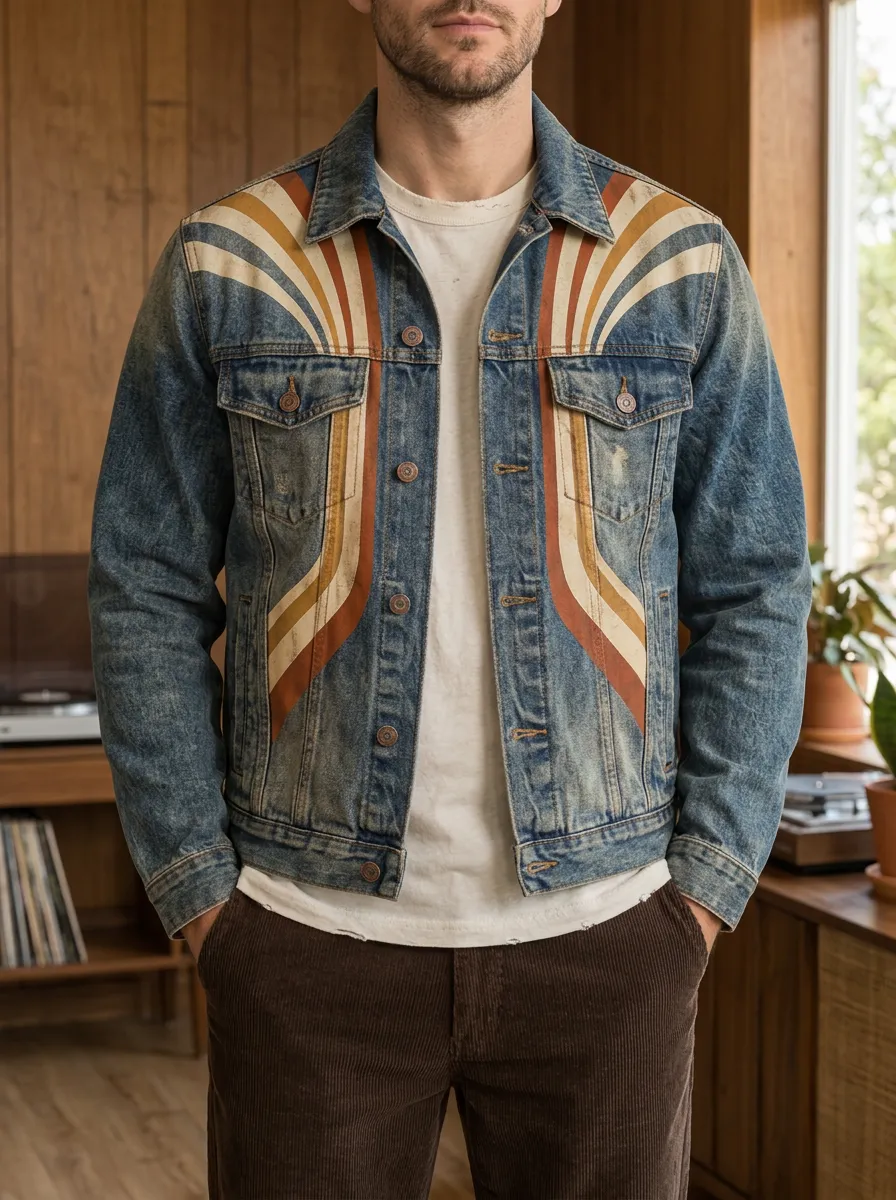 Men's Retro Vintage Style 70s Striped Printed Denim Jacket
