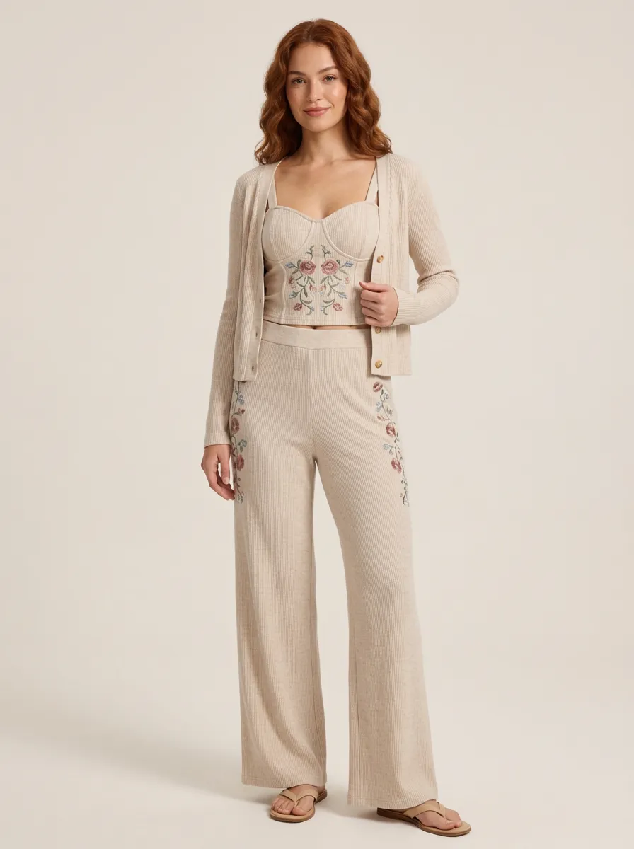 Women's Floral Embroidery Ribbed Knit 3-Piece Cardigan Set