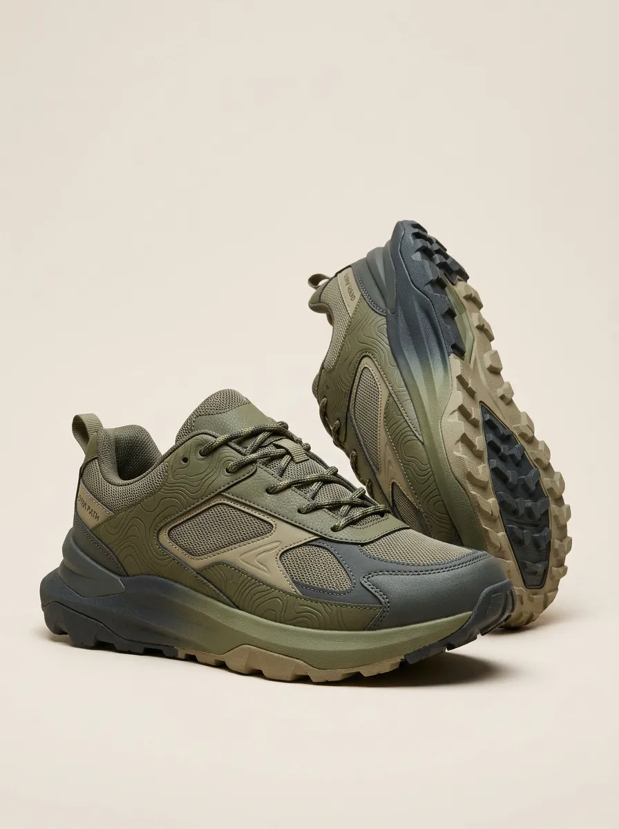 Mixed-Material Hiking-Inspired Topographic Casual Sneakers