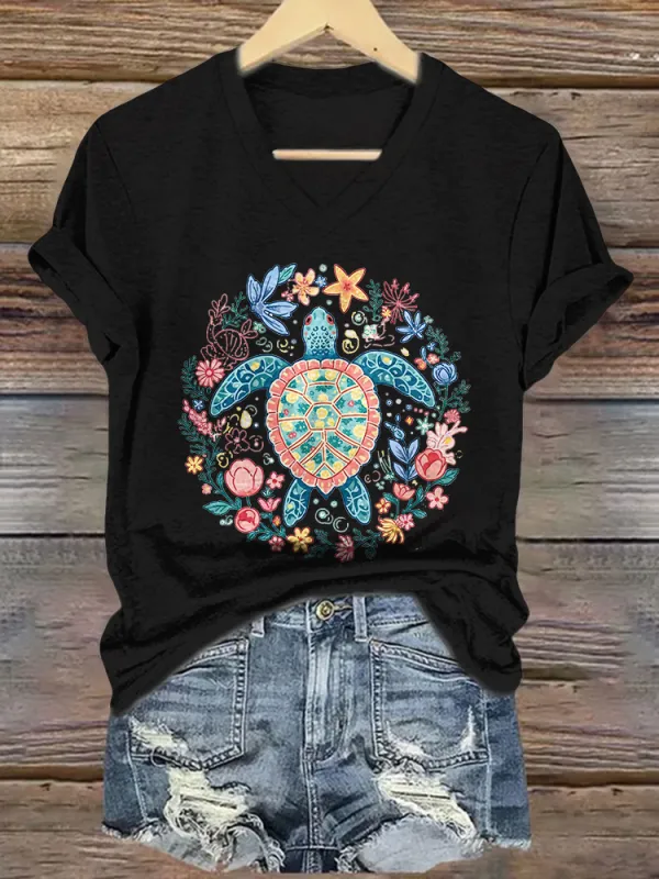 Women's Vibes Short Sleeves V-Neck Pure Cotton T-Shirt