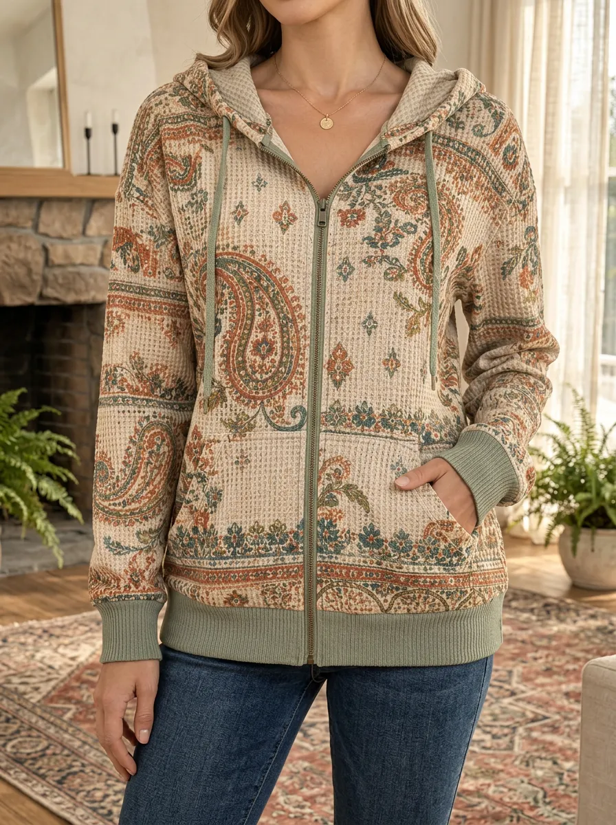 Women's Boho Paisley Artful Detail Waffle Zip-Up Hoodie