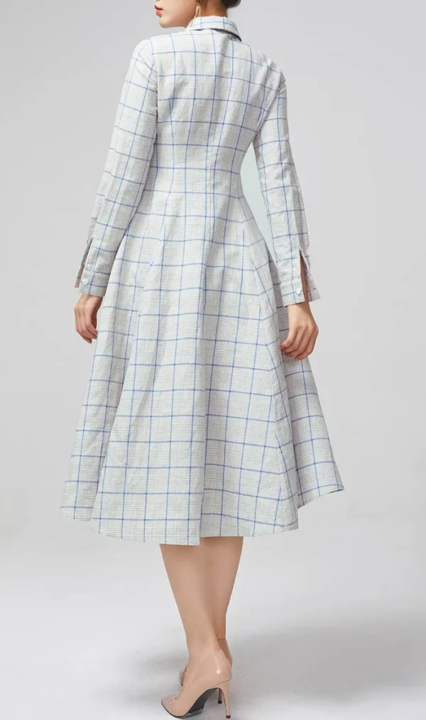 Plaid Linen Swing Shirt Long Sleeve Midi Dress