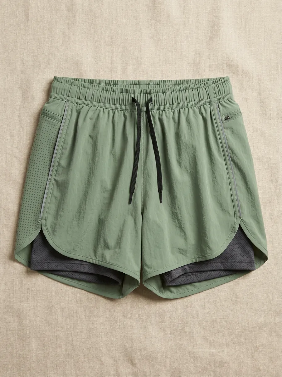 Women's Athletic Fitness Sage Green Layered Printed Shorts