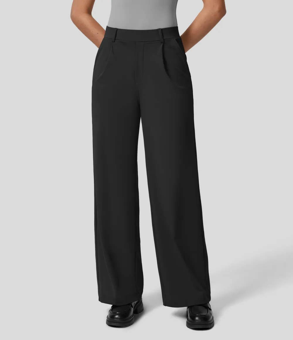 2026🔥  High Waisted Plicated Side Pocket Straight Leg Work Pants