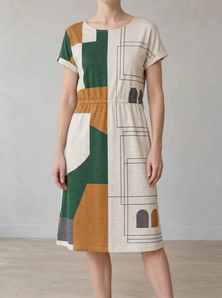 Women's Round Neck Mini Geometric Print Shift Dress
