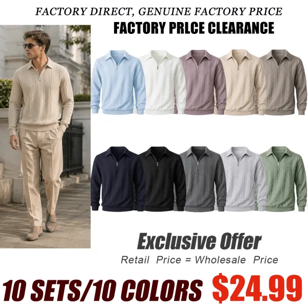 Men's spring knitted long-sleeved slim-fit polo shirt, daily wear, casual and versatile, retro zipper half-button design