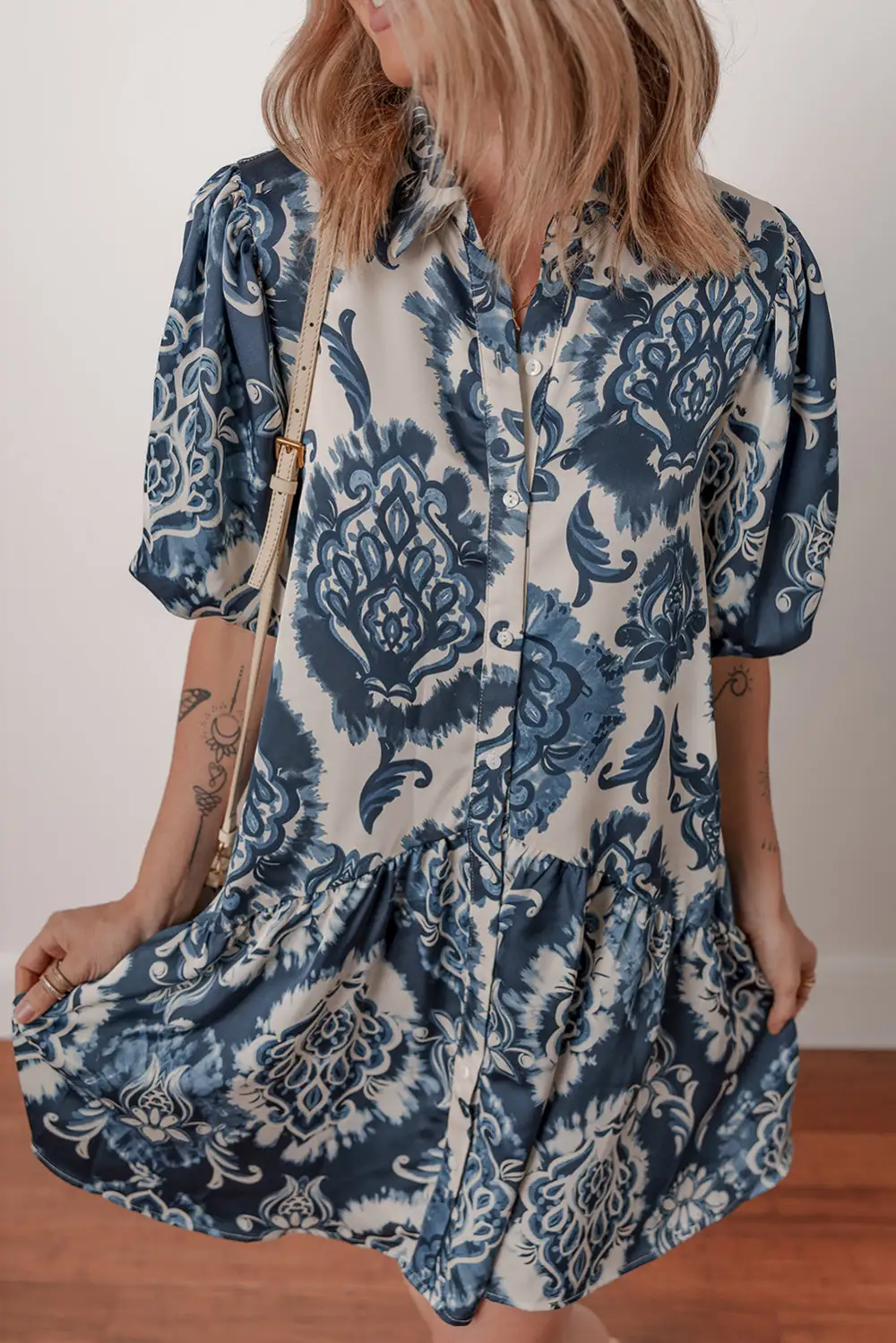 Floral Button Front Collared Mini Dress