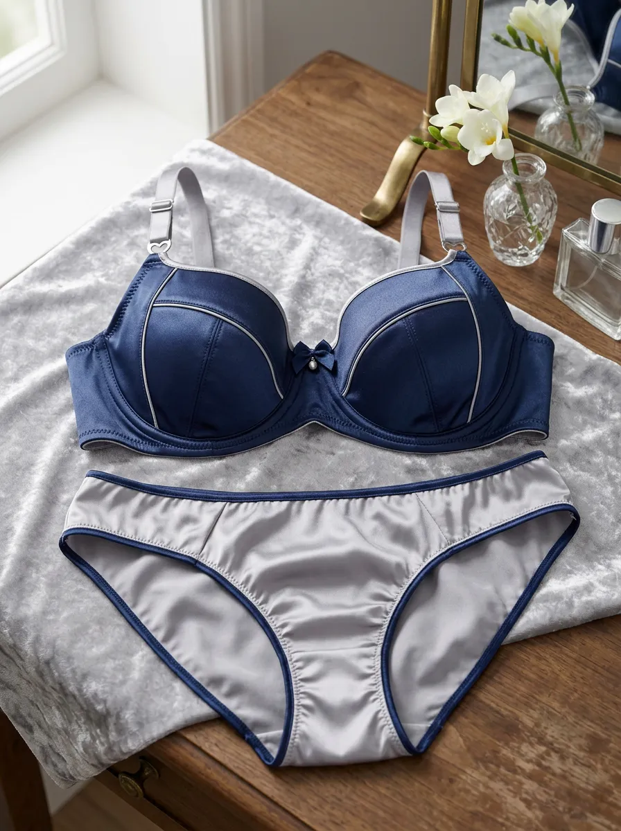 Women's Satin Contrast Trim And Bow Detail Lingerie Set