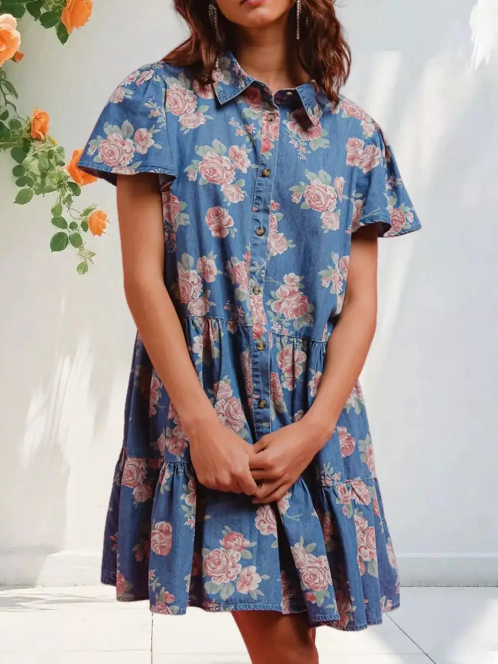Floral Printed Denim Mini Dress