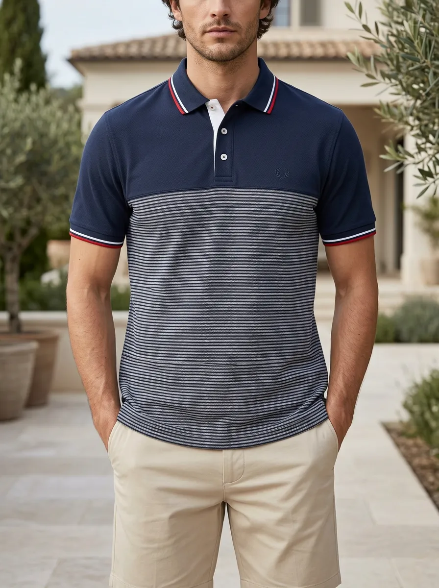 Men's Casual Style Navy Striped Colorblock Printed Polo Shirt