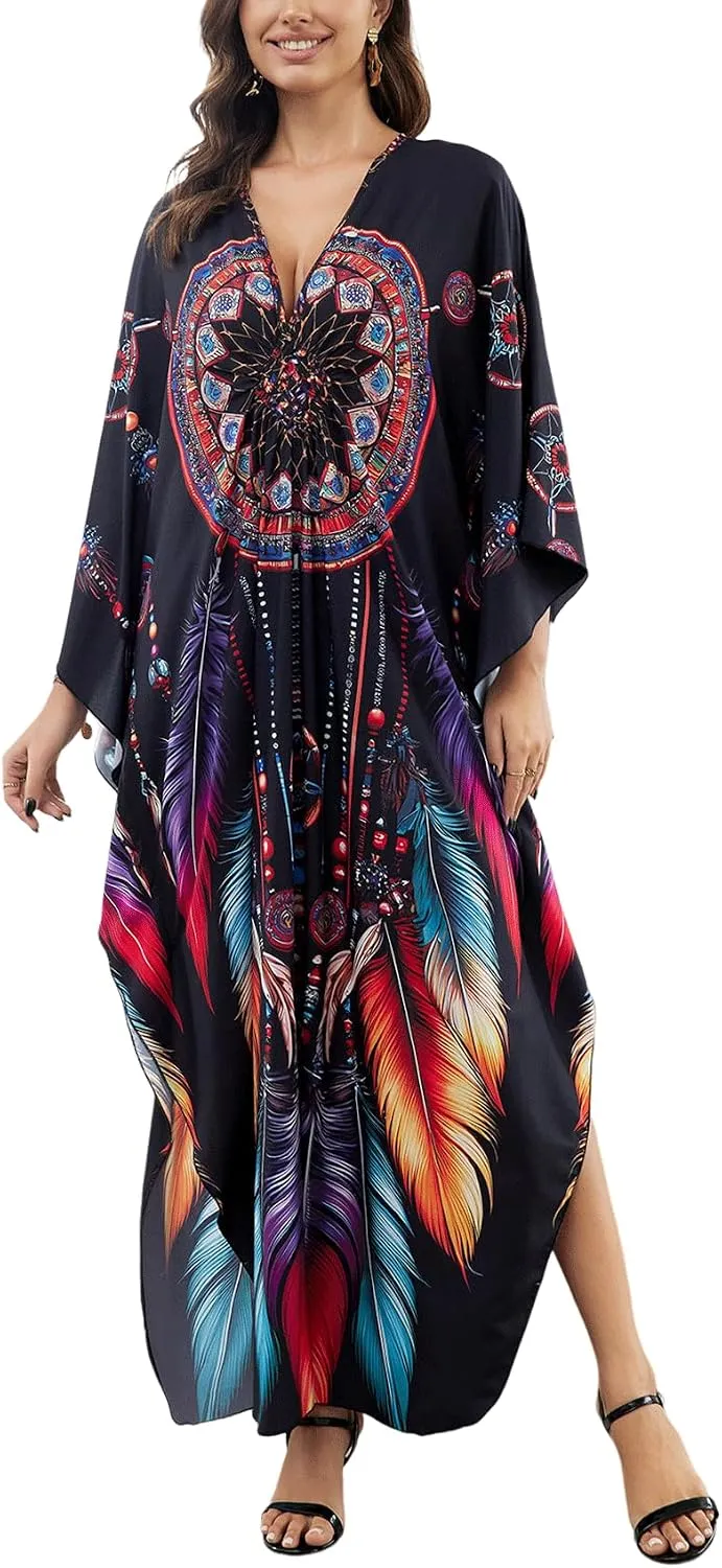 KECVOT Kaftan Dresses for Women Plus Size Batwing Sleeve Caftans Long Bathing Suit Cover Up Maxi Beach Dress Loungewear