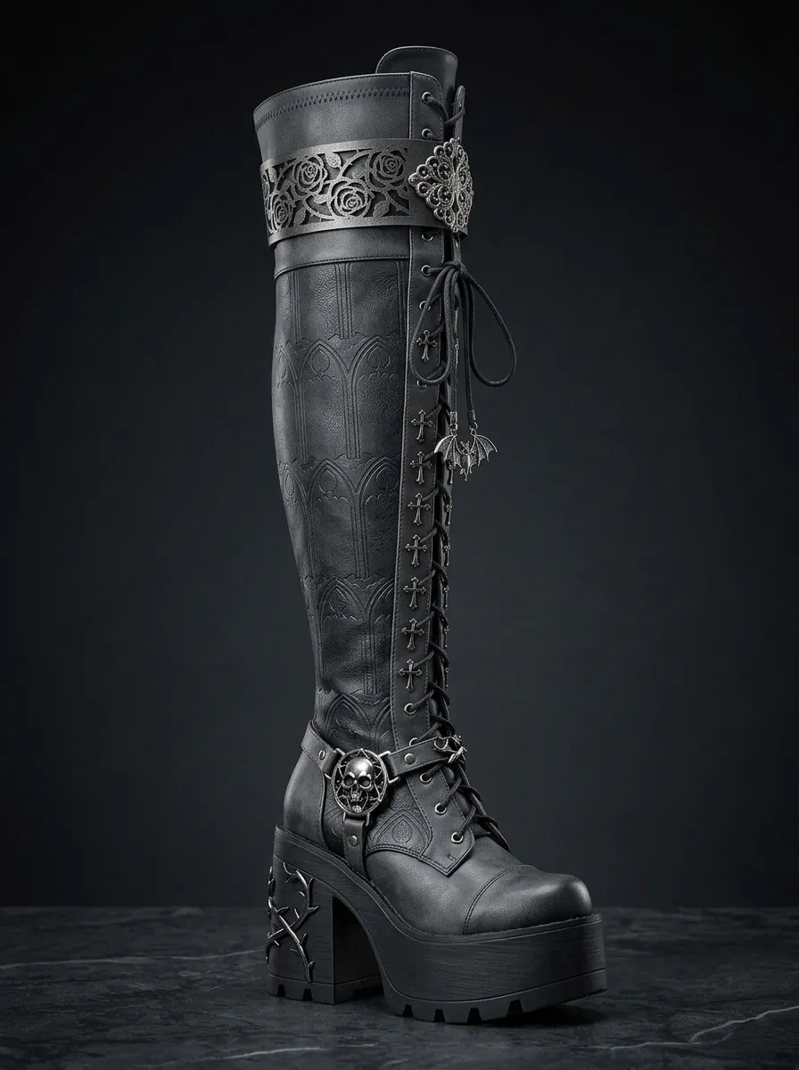 Occult-Inspired Skull Bat Rose Street Look Women's Gothic Platform Boots