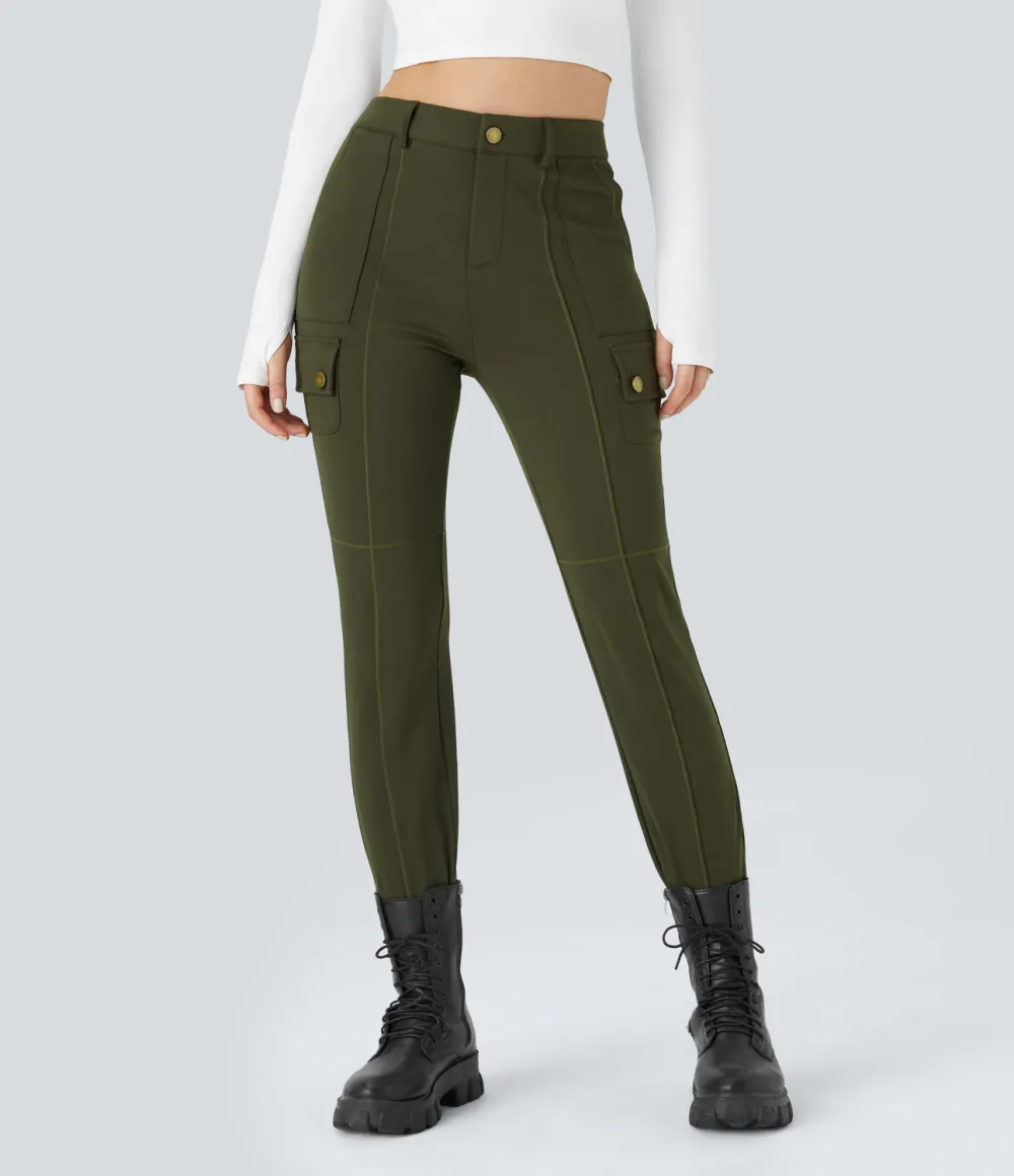 High Waisted Button Zipper Multiple Pockets Solid Skinny Cargo Pants