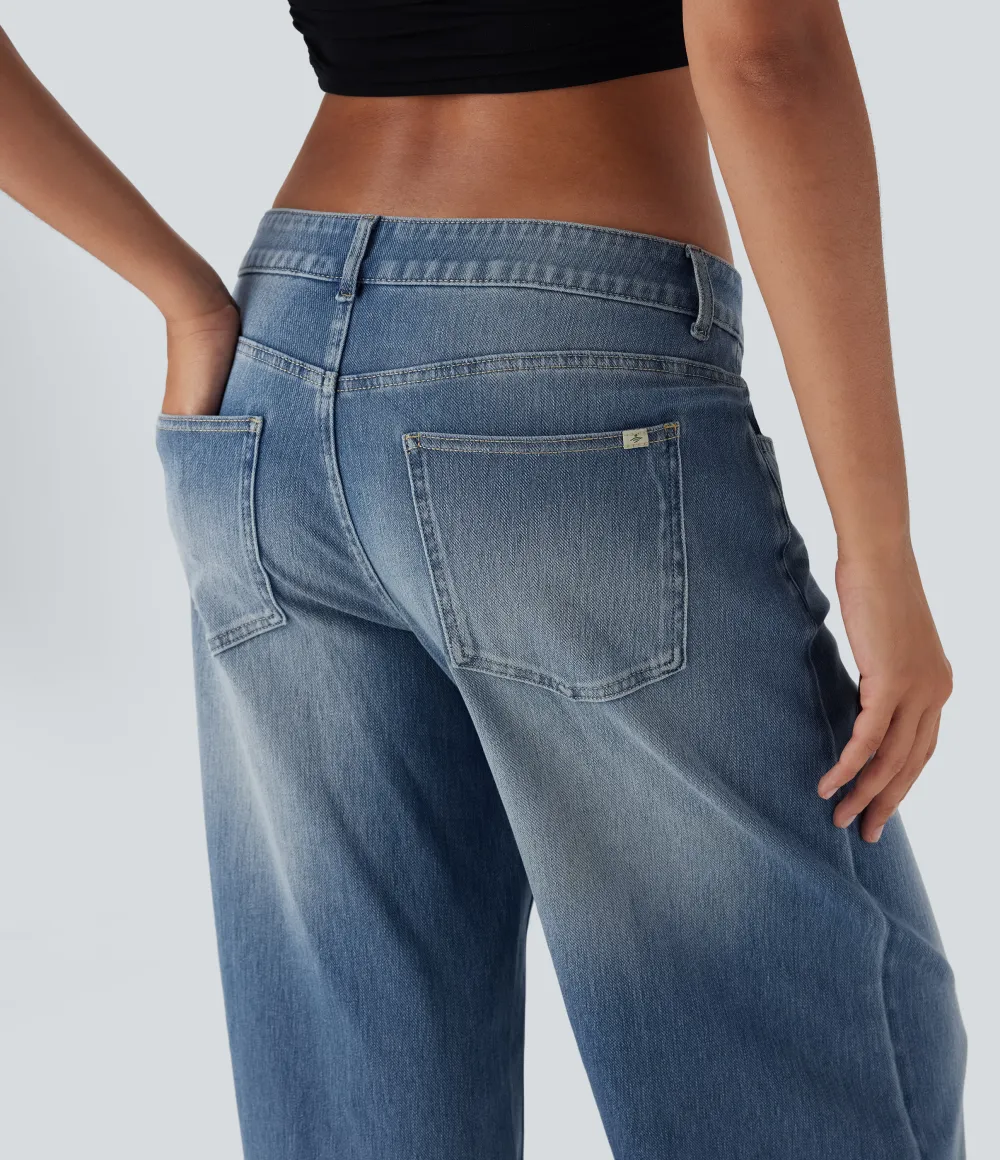Asymmetric Low Rise Zipper Pockets Baggy Wide Leg Washed Casual Jeans