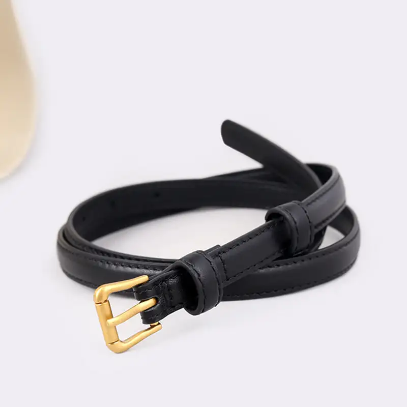 Leather Skinny Leather Belt with Golden Buckle