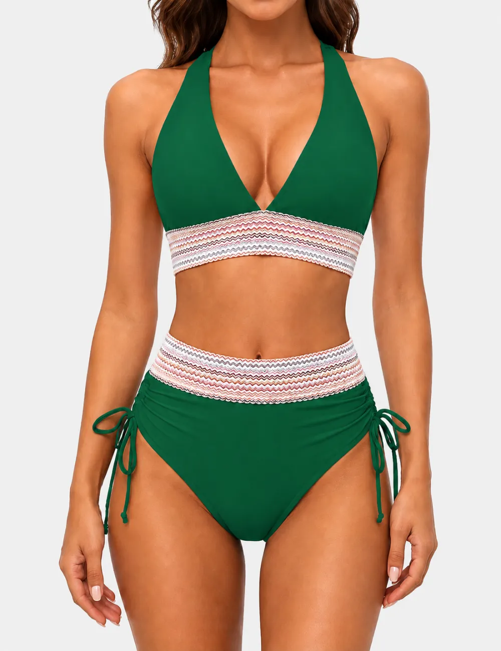 Deep V Neck Colorful Zigzag Smocked Trim Bikini Set