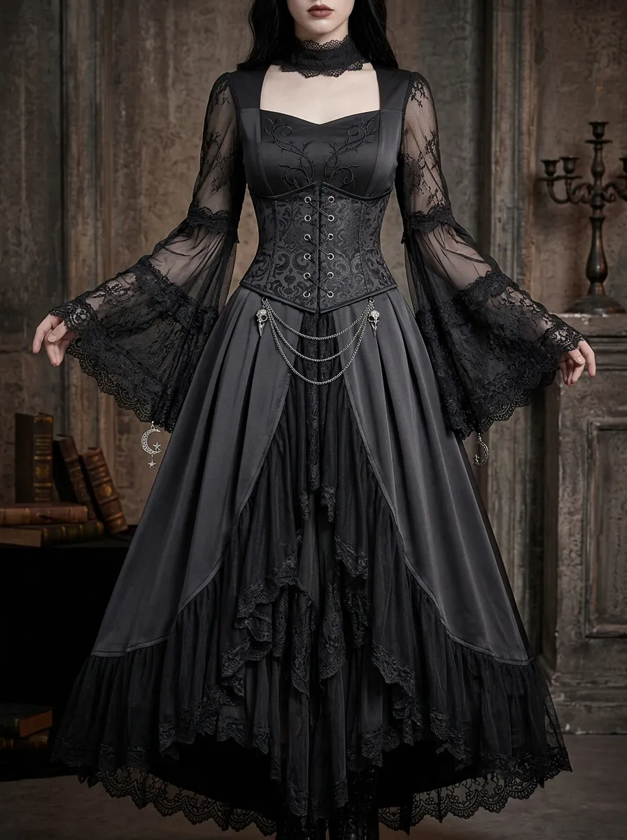 Punk Skull Victorian Corset Darkwear Style Women's Gothic Dress