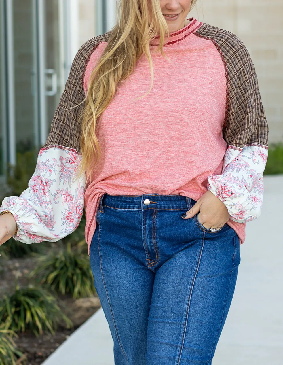 Women's Checkered Raglan Sleeve Patchwork Top