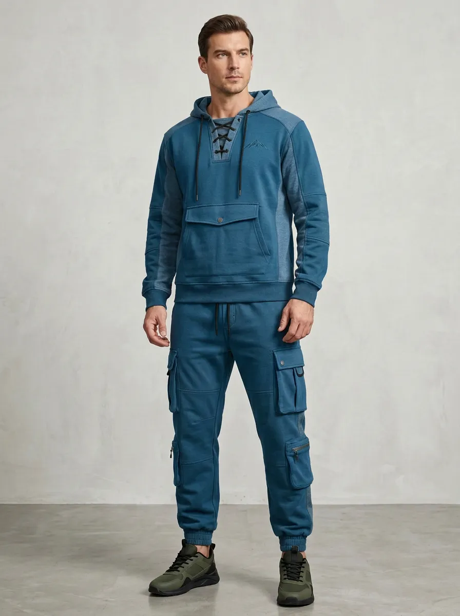 Trail-Inspired Lace-Up Mountain Graphic Daily Wear Men's Lace Up Hoodie And Cargo Jogger Set