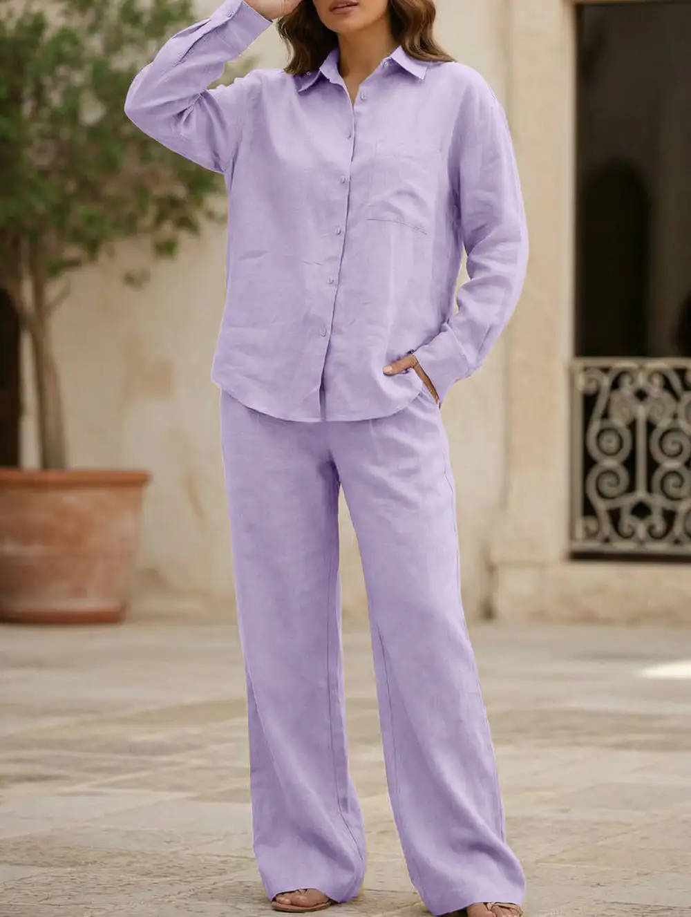 Shirt and Loose Wide-Leg Pants Suit