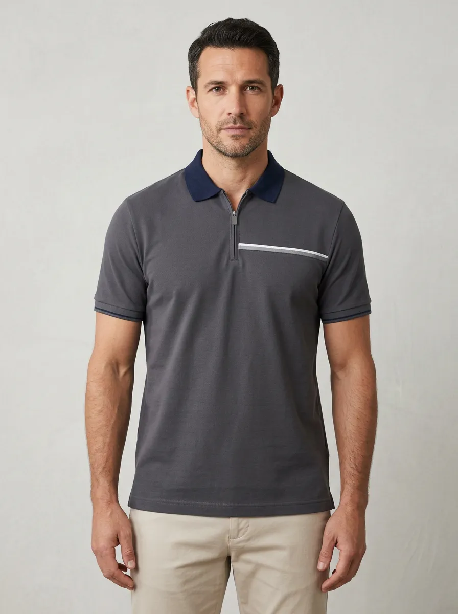 Men's Casual Minimalist Striped Zip-Neck Polo Shirt