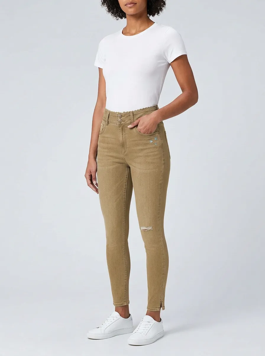 Women's Bird Embroidery Distressed High-Waist Slim Jeans