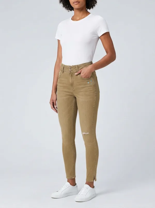 Women's Bird Embroidery Distressed High-Waist Slim Jeans