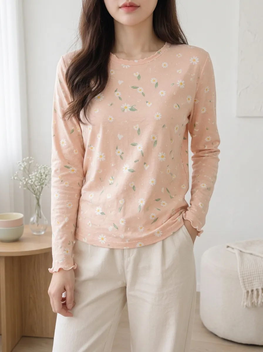 Women's Easygoing Sweet Style Daisy Floral Printed Long Sleeve T-shirt