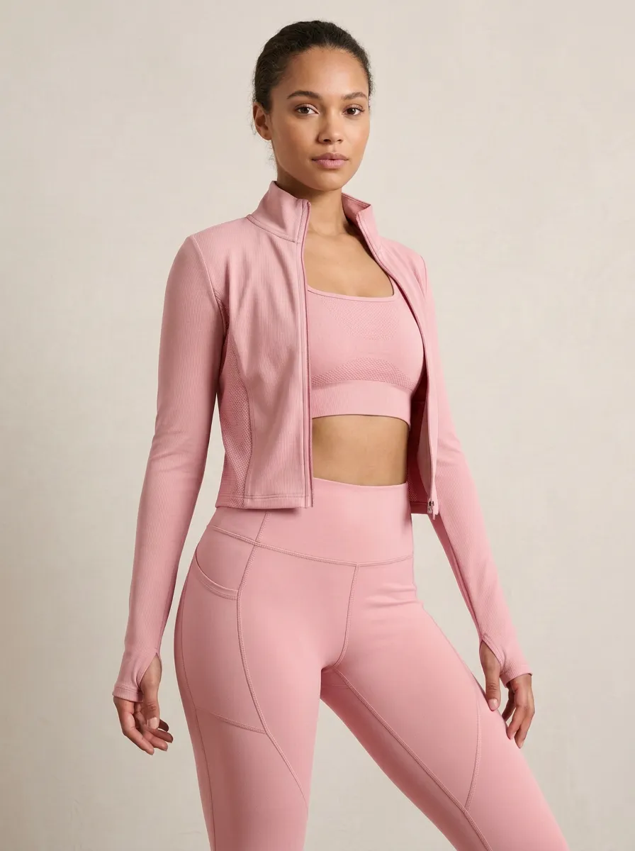 Urban Ribbed Texture Seamless Design Shape Women's Three Piece Activewear Set