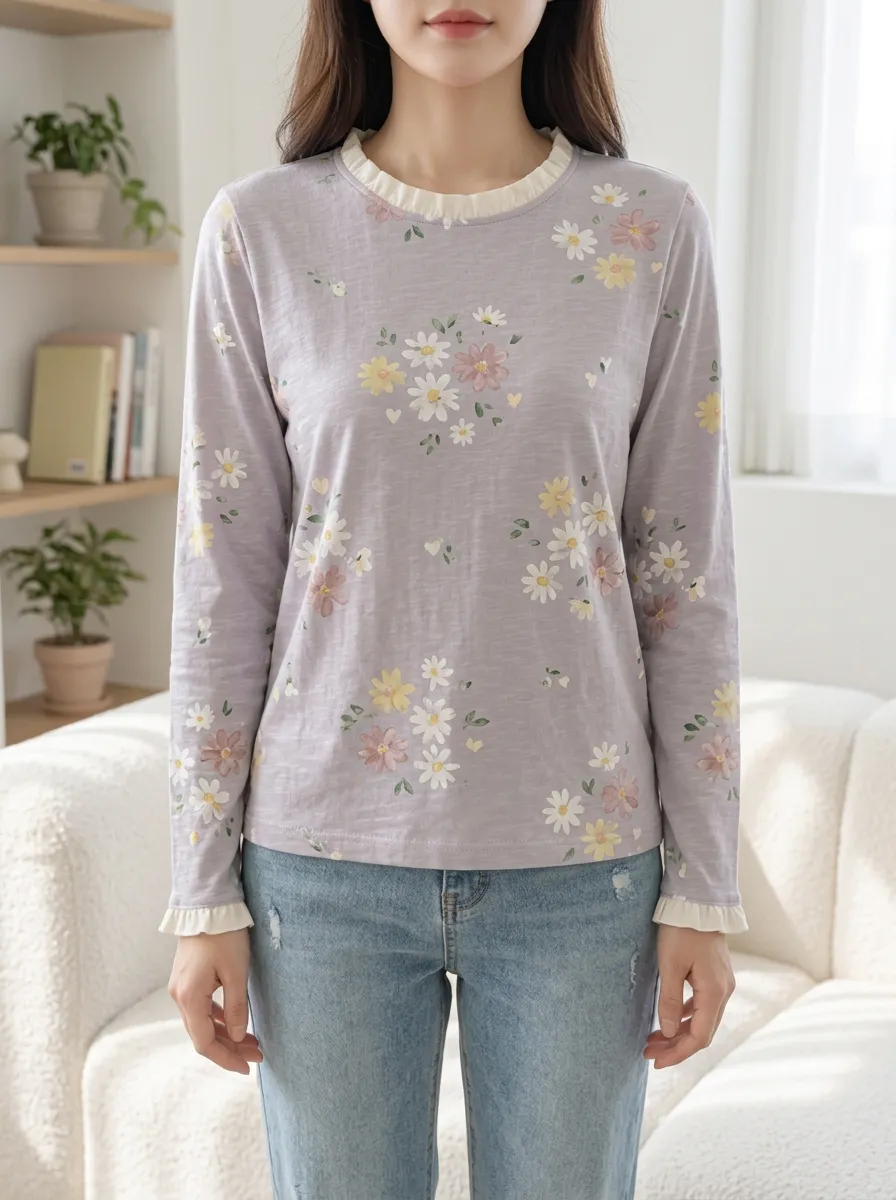Women's Sweet Floral Daisy Printed Ruffle Trim Long Sleeve T-shirt