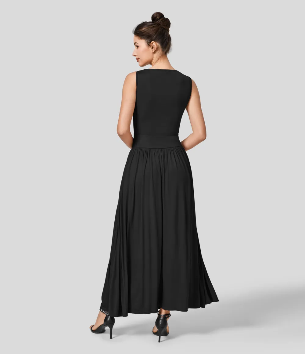 Ribbed Boat Neck Ruched Side Pocket Flowy Maxi Casual Dress