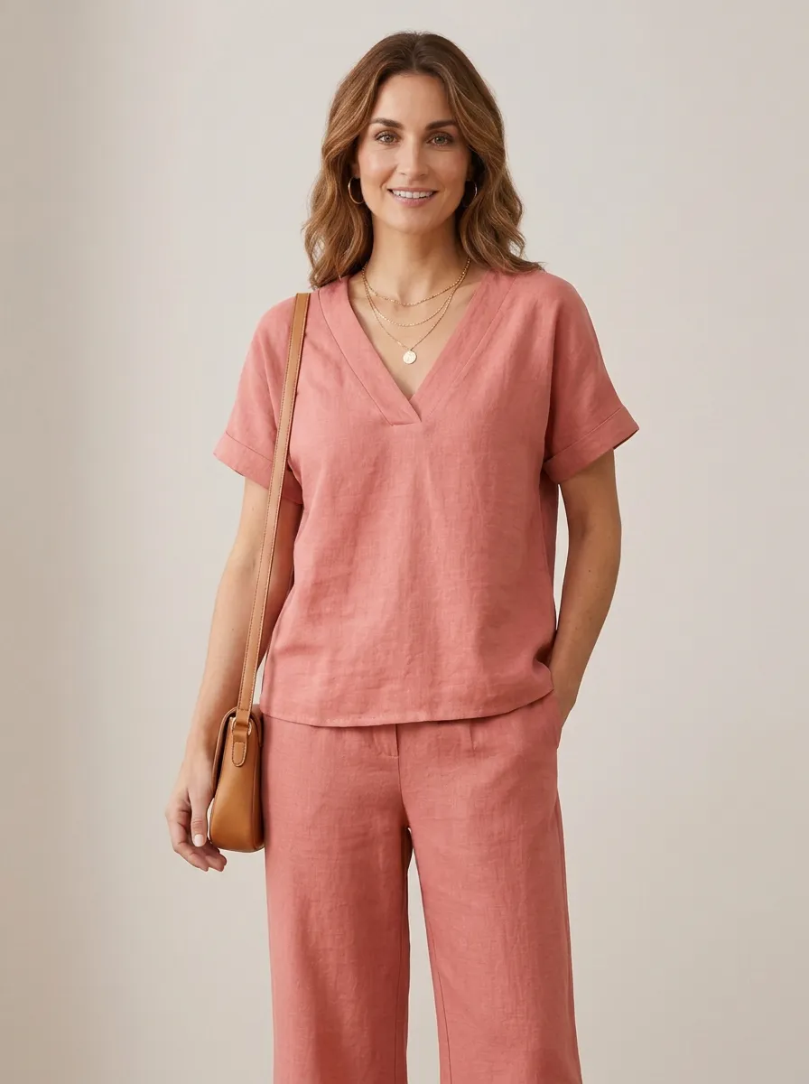 Everyday Short-Sleeve Linen-Blend Women's V-Neck Shirt