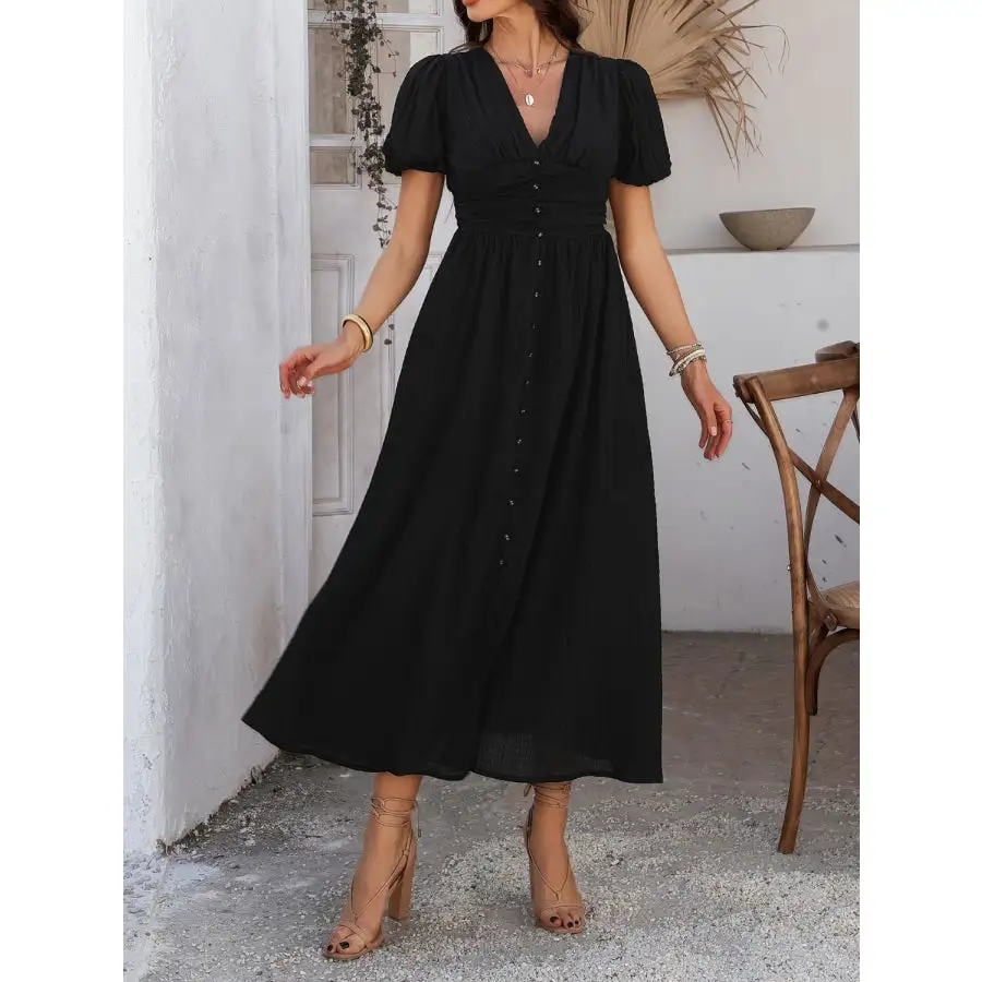 V-Neck Puff Short Sleeve Midi Dress