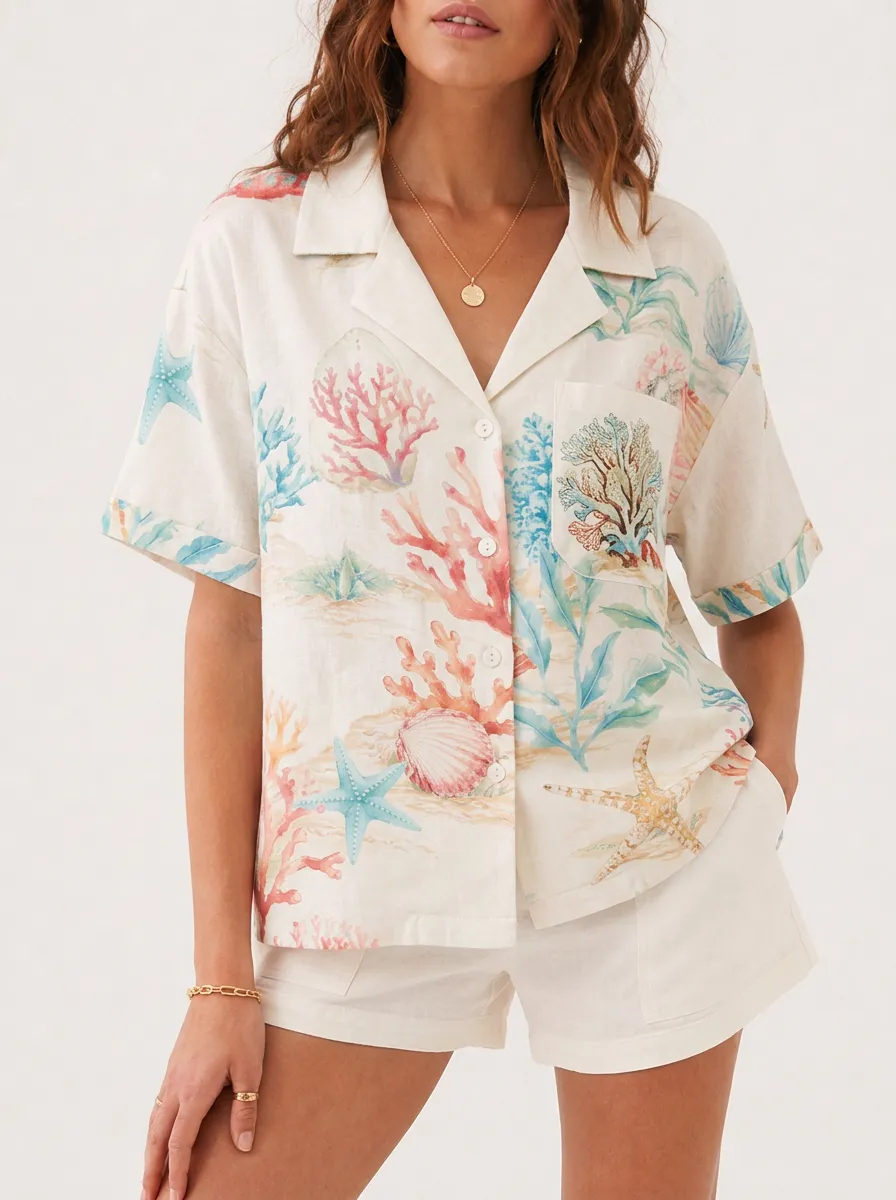 Women's Beach Ocean Lover Coral Starfish Printed Shirt