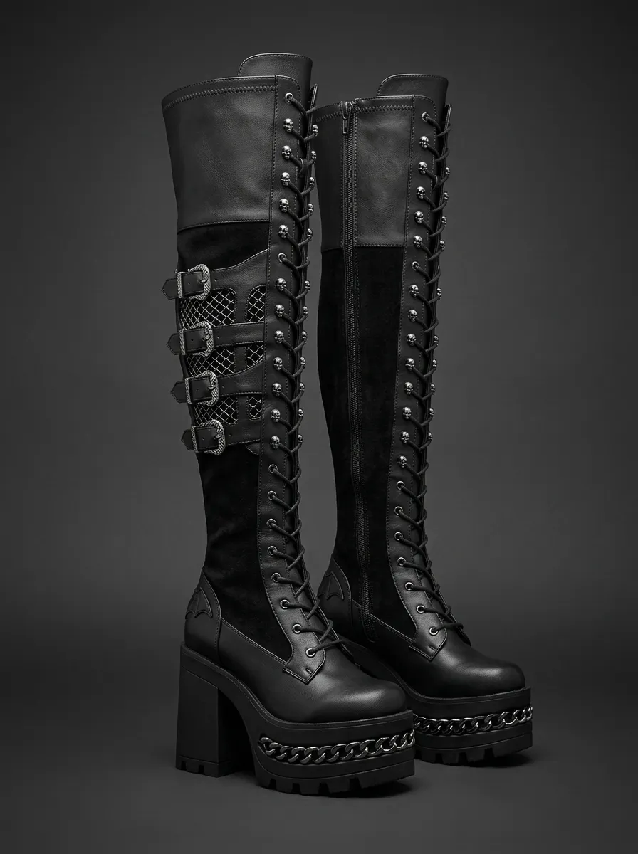 Dark Skull Chain Lace-Up Punk Look Women's Gothic Platform Knee High Boots