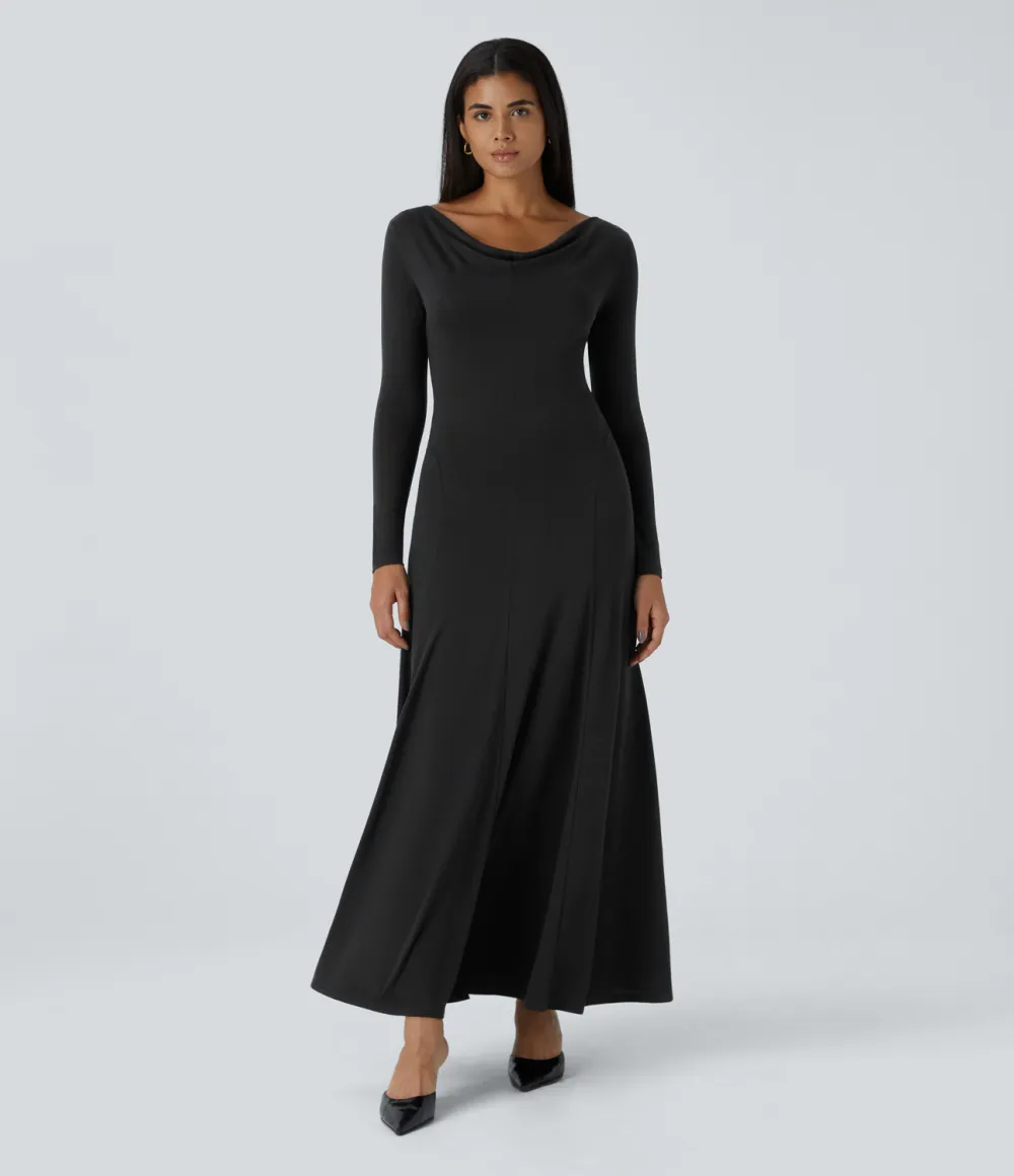 Cowl Neck Long Sleeve Flowy Flare Maxi Casual Dress