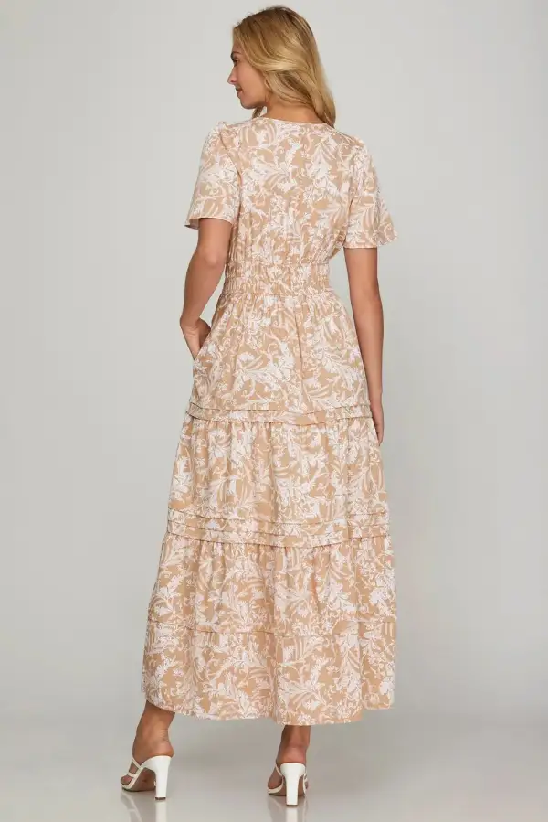 Printed Notched Woven Tiered Pintuck Maxi Dress with Side Pockets