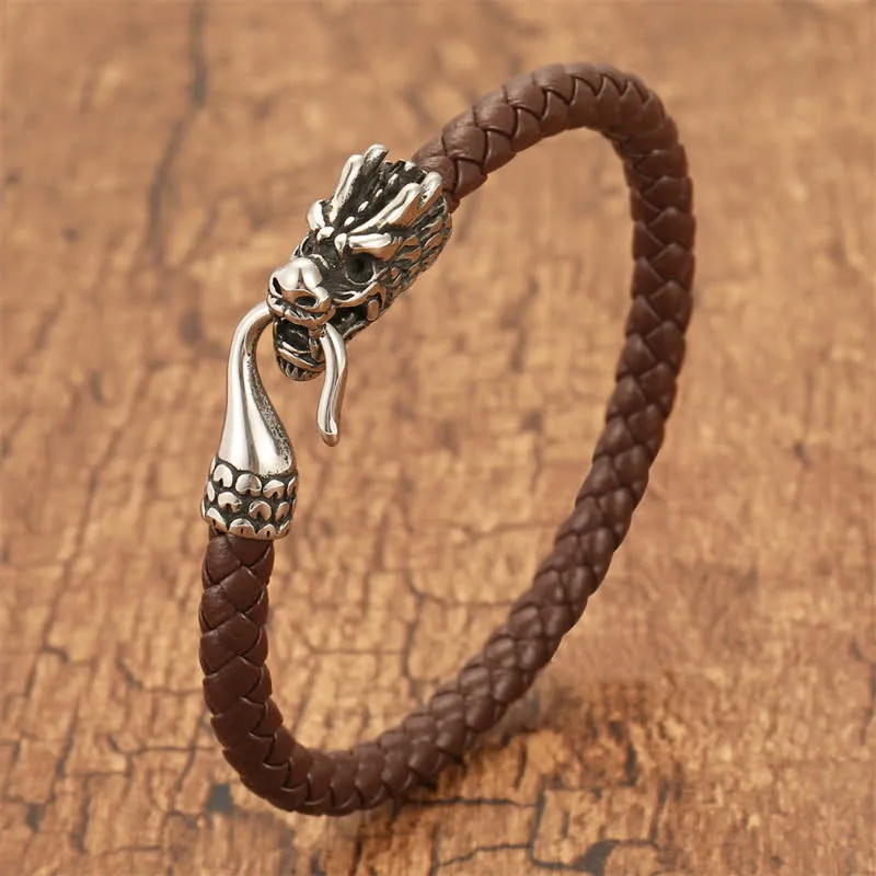 Braided Leather Dragon Punk Bracelet