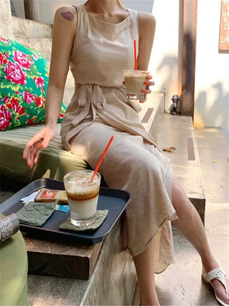 Sleeveless Lace Trim Linen Blend Maxi Dress
