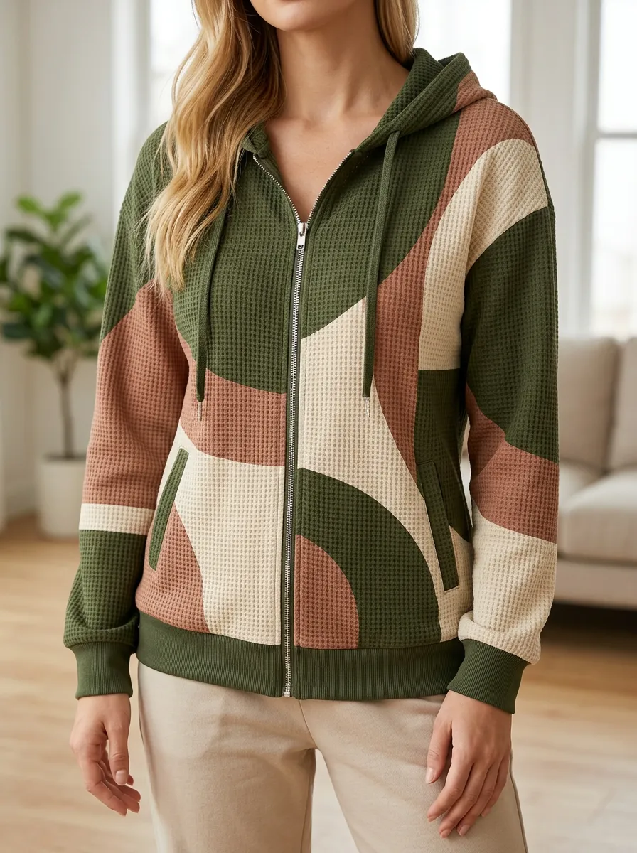 Women's Geometric Colorblock Signature Surface Waffle Zip-Up Hoodie