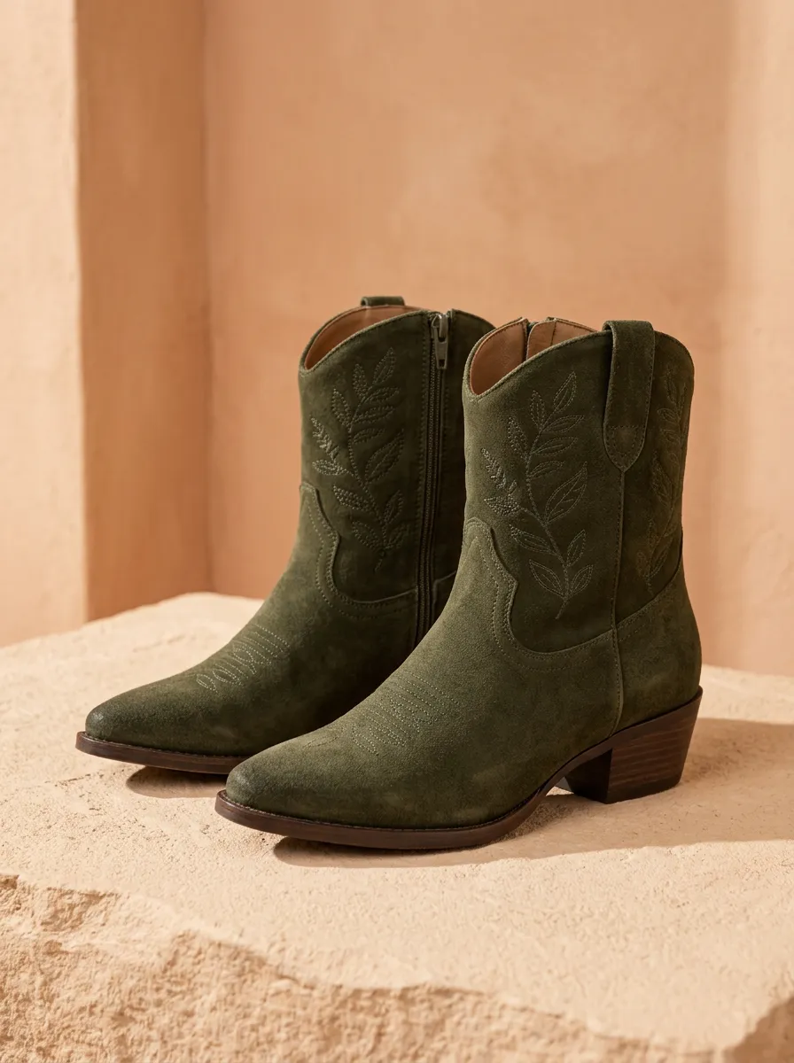 Women's Leaf Ankle Pointed-Toe Stacked-Heel Western Boots