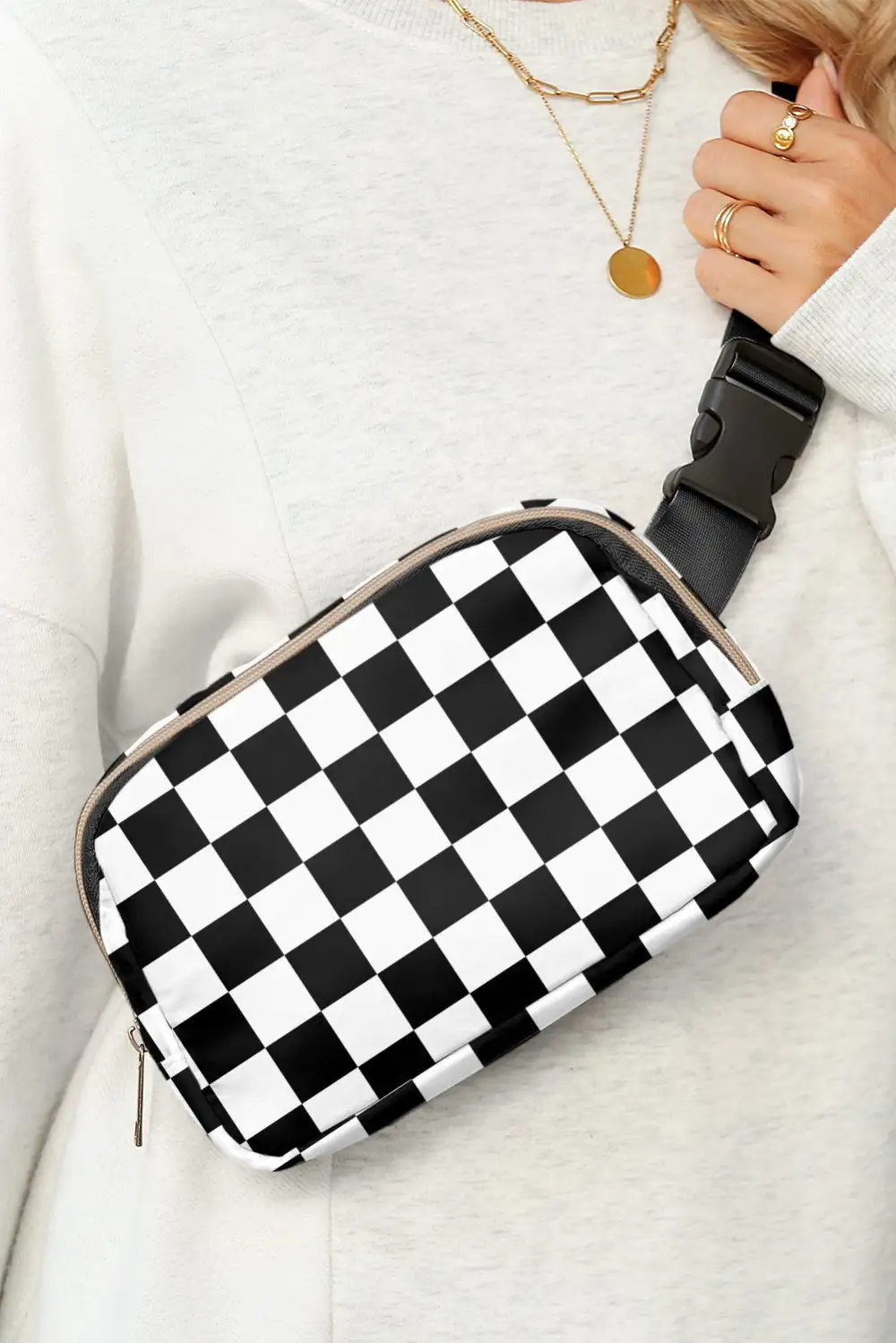 Checkered Buckle Strap Crossbody Bag
