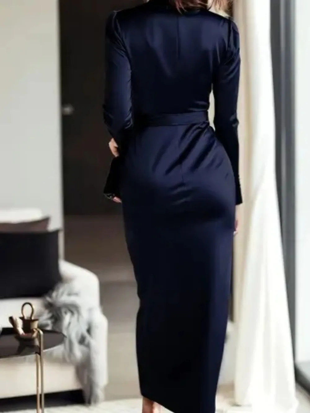 Satin Tie Waist Long Sleeve Dress Casual