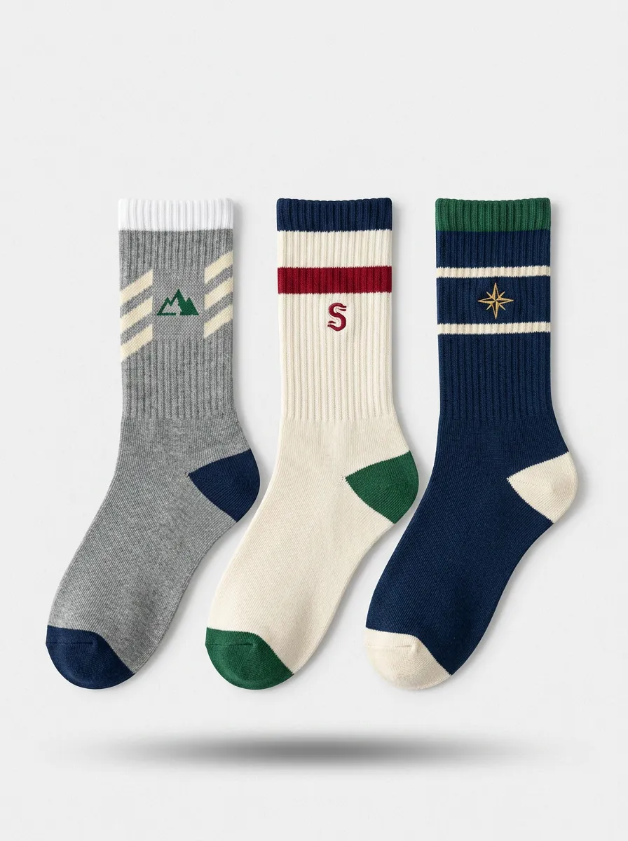 Mountain Compass Embroidered Detail 3-Pair Mid-Calf Athletic Socks
