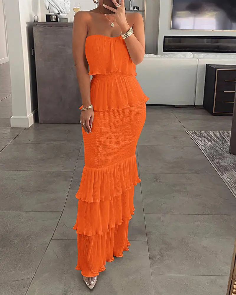Strapless Smocked Tiered Ruffle Maxi Dress